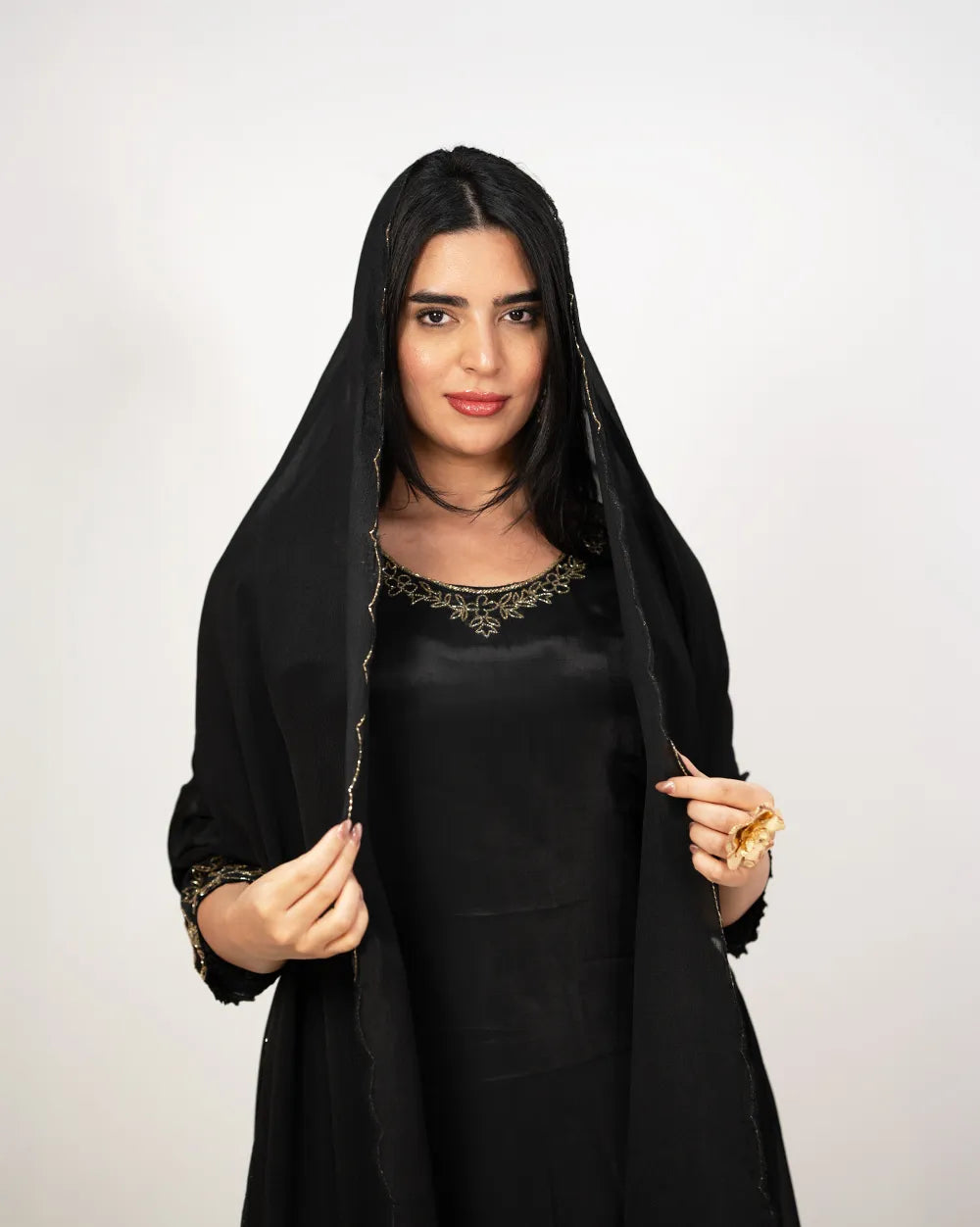 Handworked crepe silk palazzo suit- black