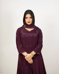 Heavy handworked panel cut anarkali- wine purple
