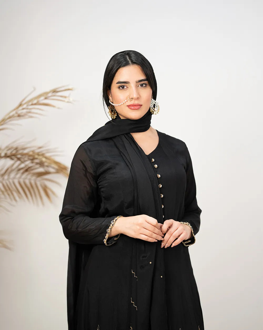 Handworked V-neck chinon anarkali- black