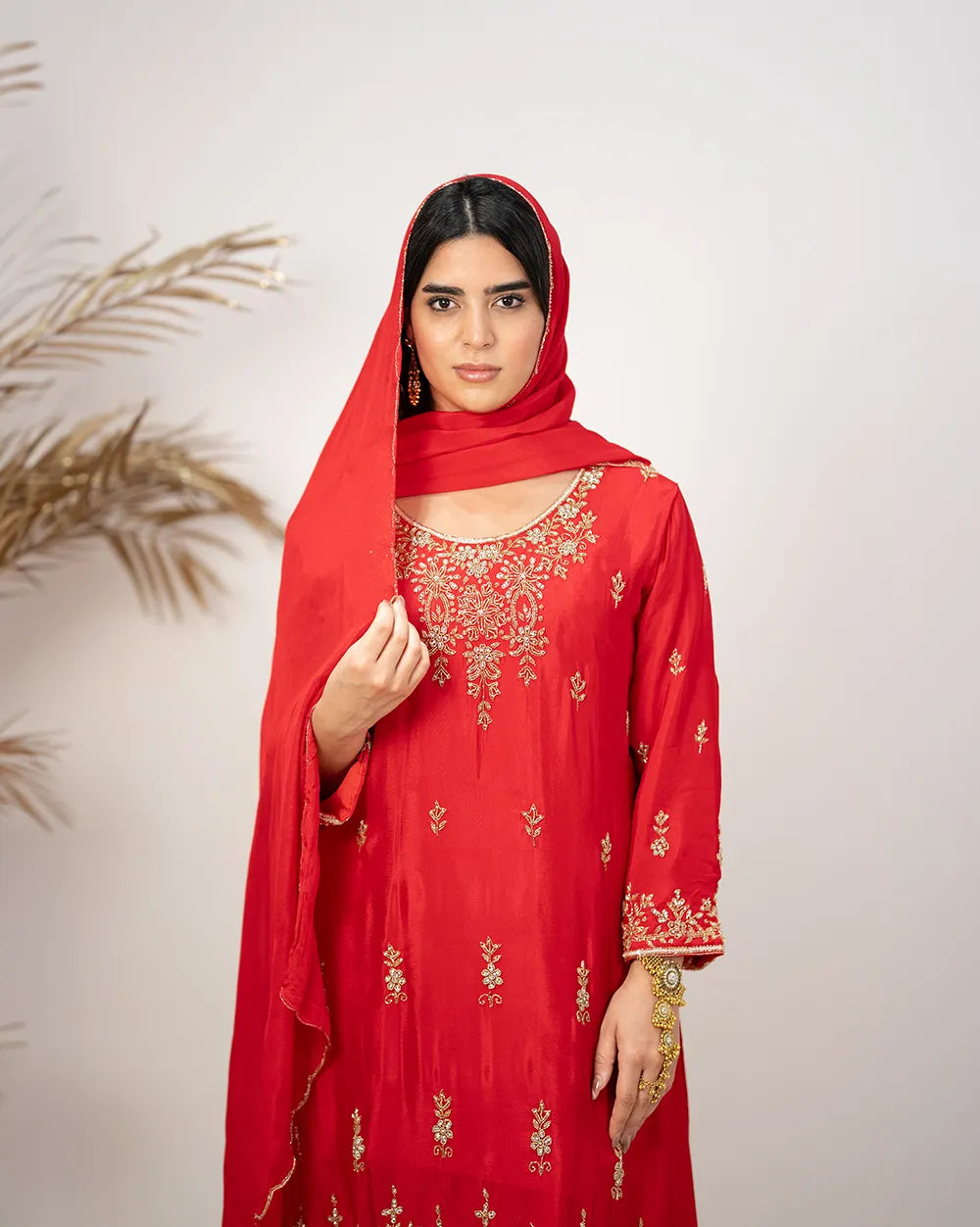 Heavy handworked skirt suit- red