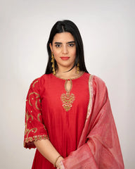 Handworked A-line panelled suit- red