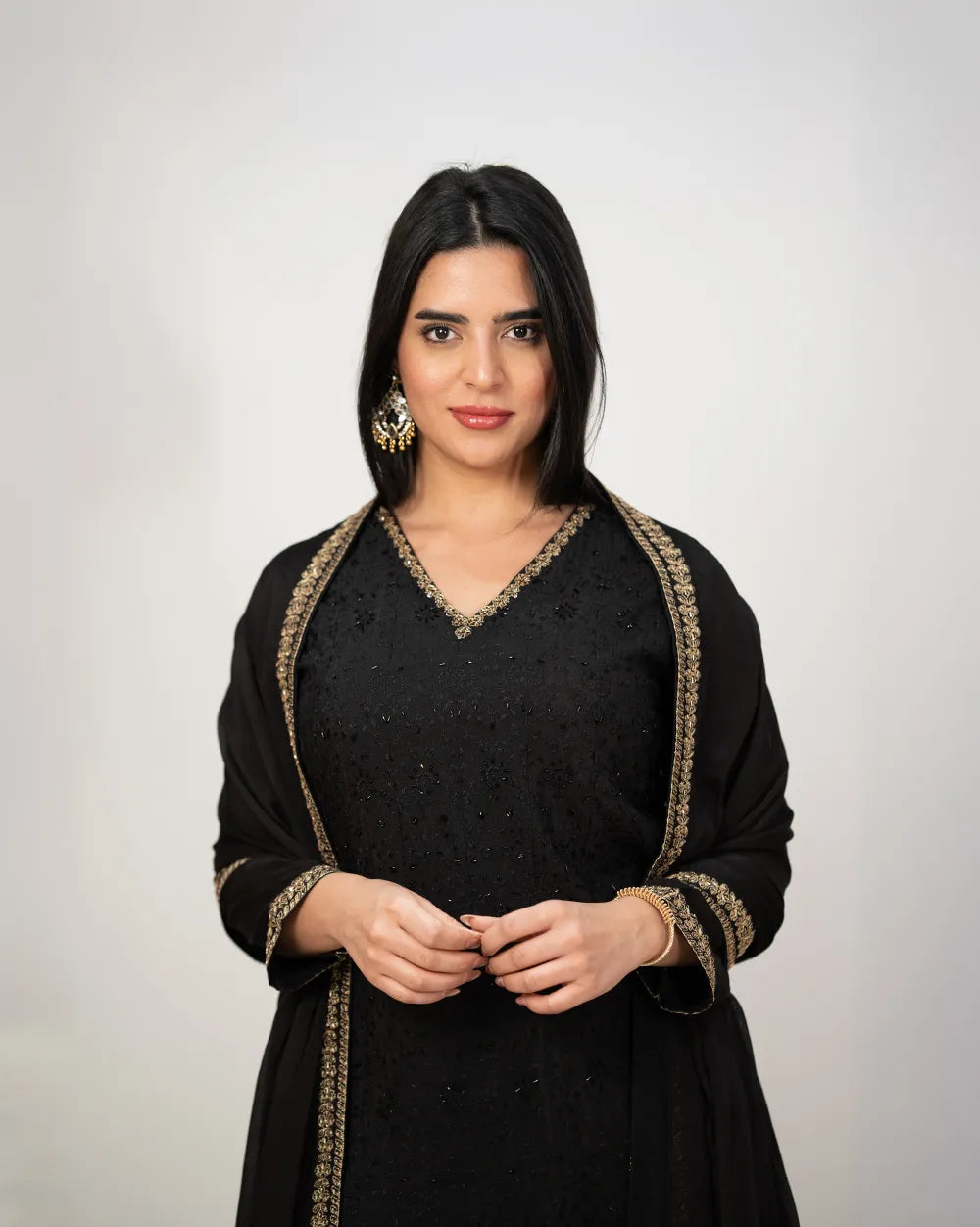 Handworked panel cut 2pc gown-black