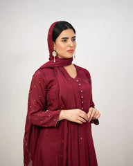 Handworked V-neck chinon anarkali- wine shade