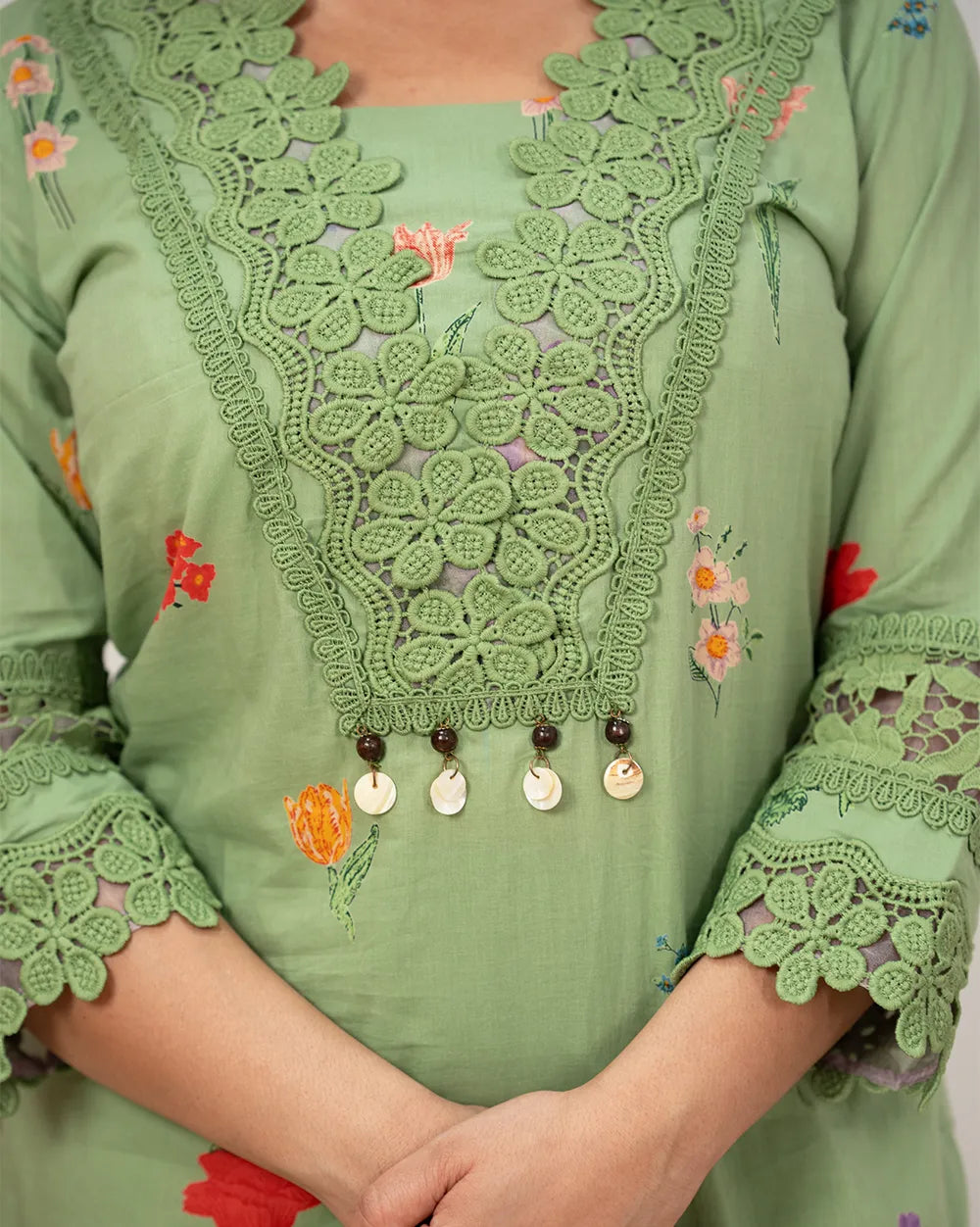 floral printed cotton salwar suit with lace work-green