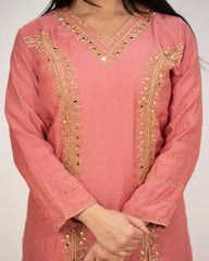 Handworked double slotted suit with mirrors- pink shade