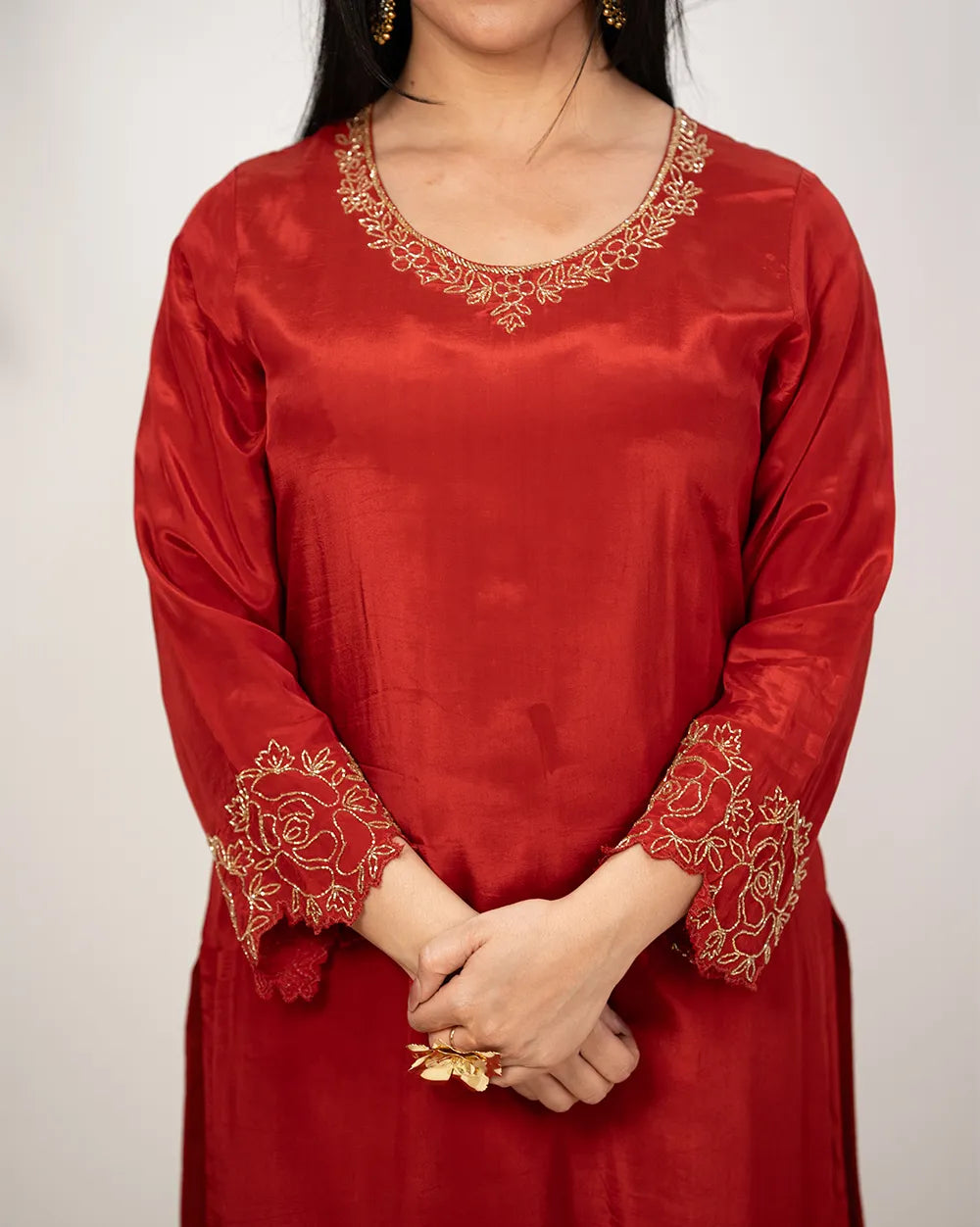 Handworked crepe silk palazzo suit- red