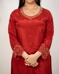 Handworked crepe silk palazzo suit- red