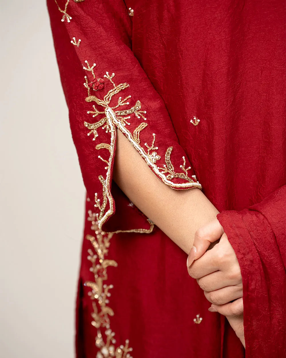 Heavy handworked crush tissue suit- maroon