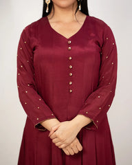 Handworked V-neck chinon anarkali- wine shade