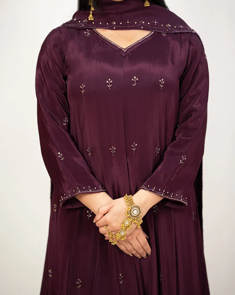 Heavy handworked panel cut anarkali- wine purple