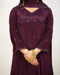 Heavy handworked panel cut anarkali- wine purple