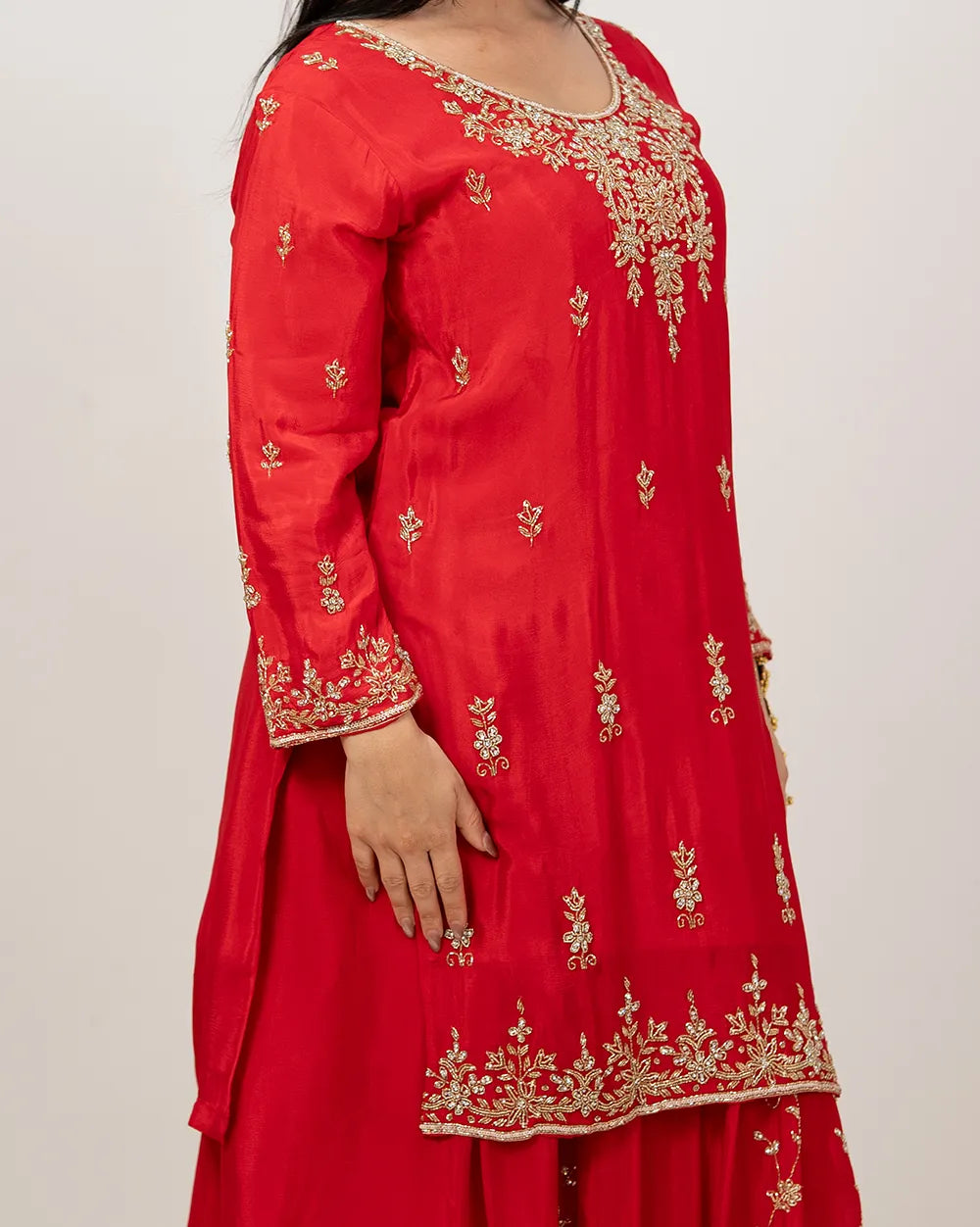 Heavy handworked skirt suit- red