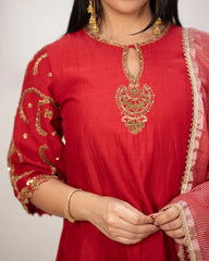Handworked A-line panelled suit- red