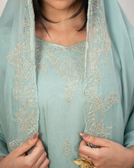Handworked A-line organza suit- blue shade