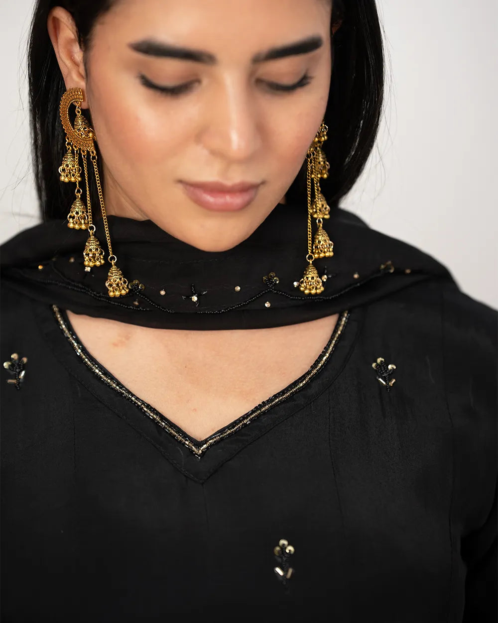 Heavy handworked panel cut anarkali- black