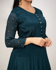 Handworked V-neck chinon anarkali- peacock blue