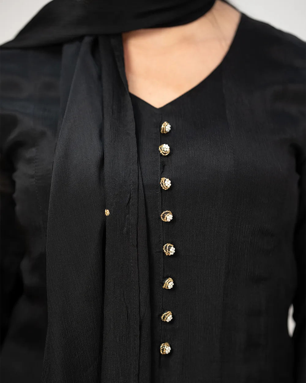 Handworked V-neck chinon anarkali- black