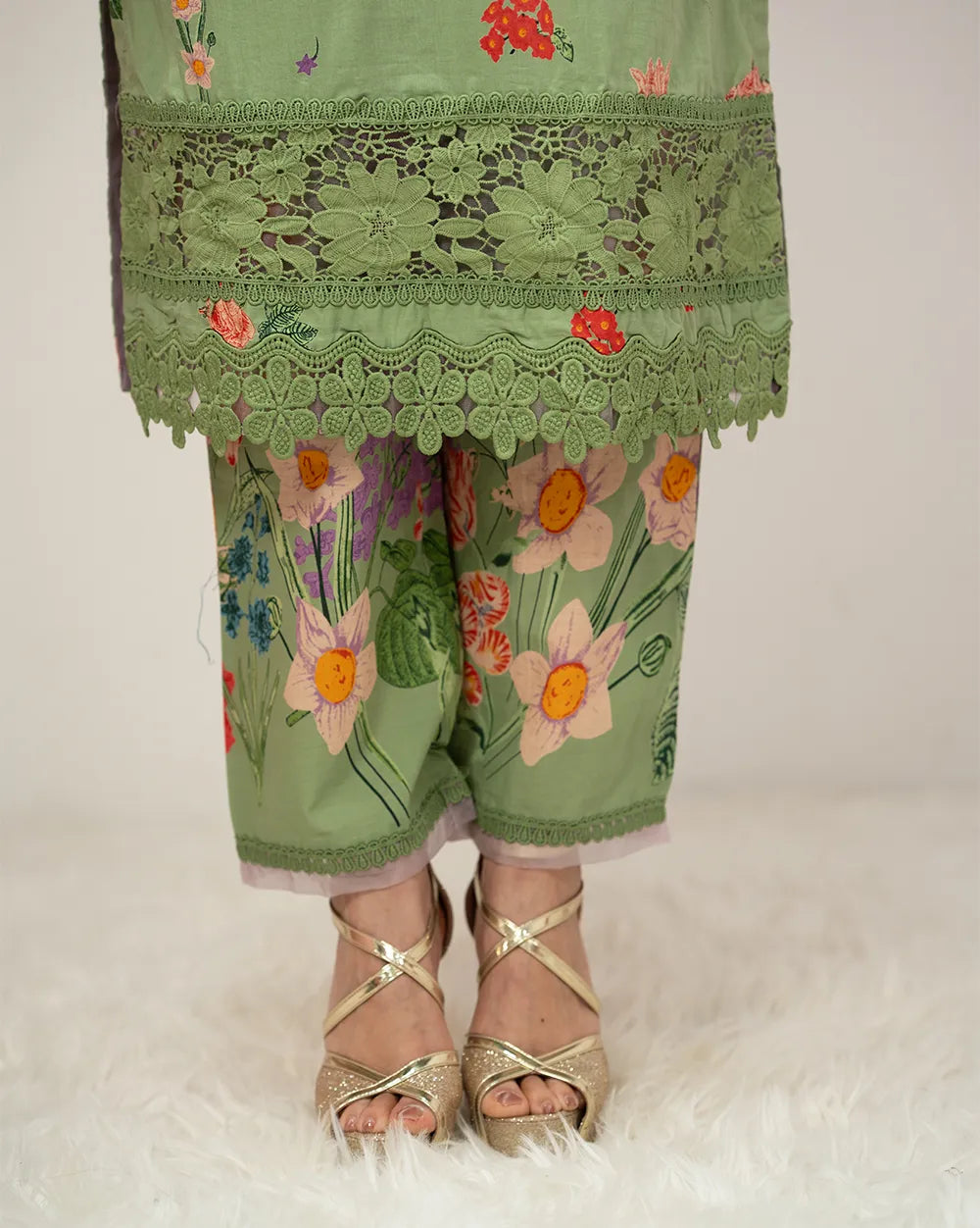 floral printed cotton salwar suit with lace work-green