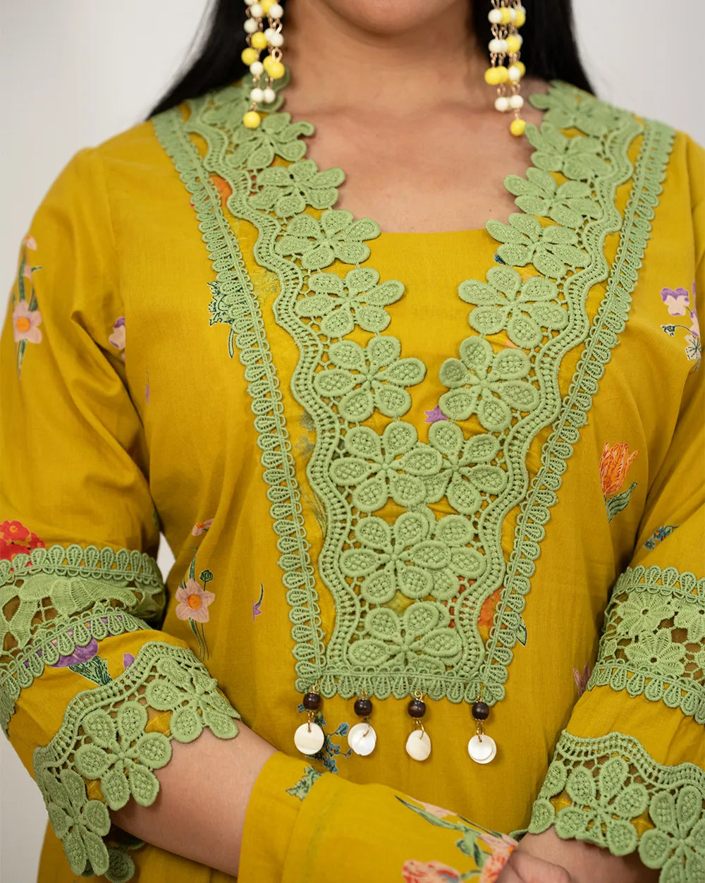floral printed cotton salwar suit with lace work-yellow