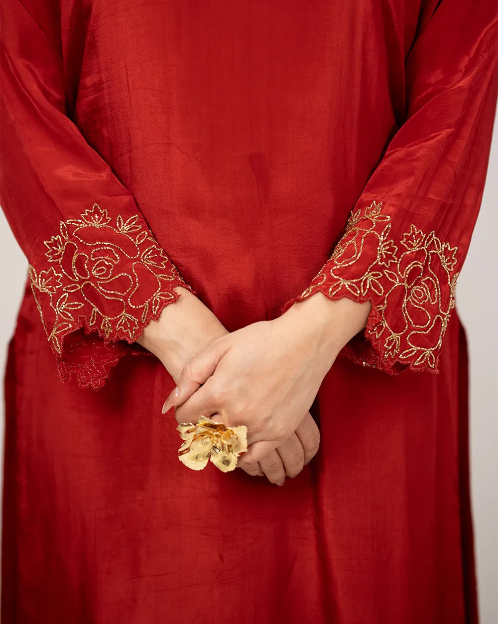 Handworked crepe silk palazzo suit- red
