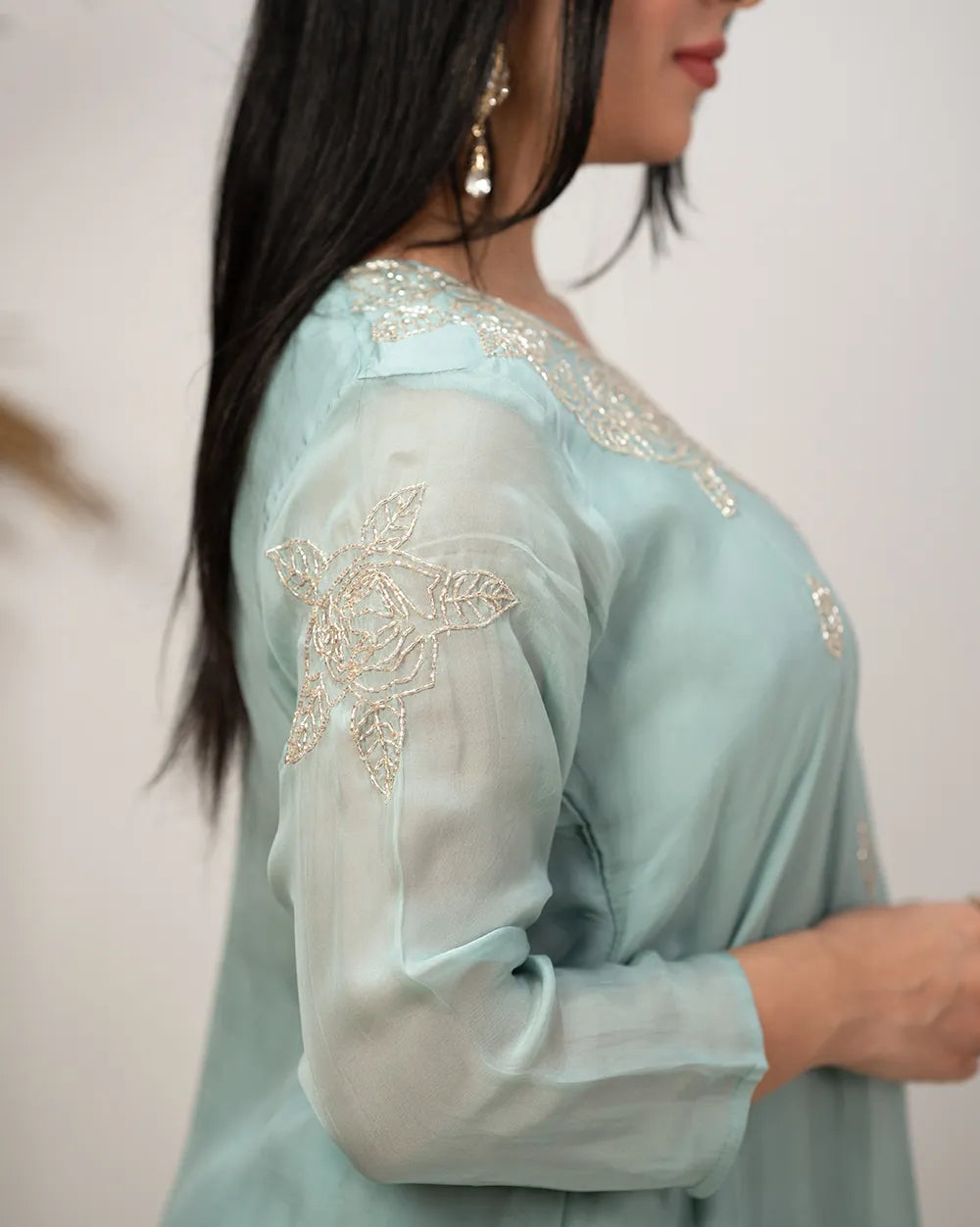Handworked A-line organza suit- blue shade