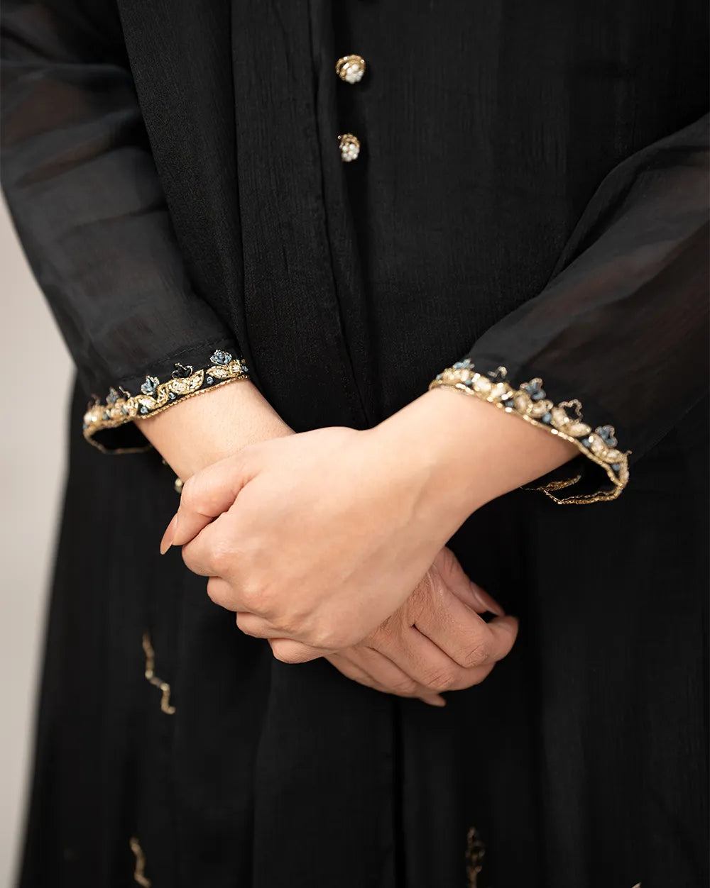 Handworked V-neck chinon anarkali- black