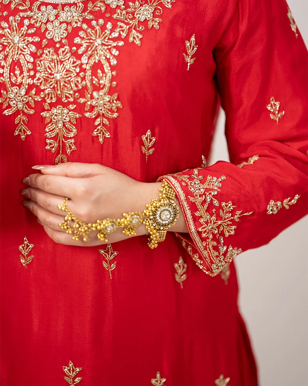 Heavy handworked skirt suit- red