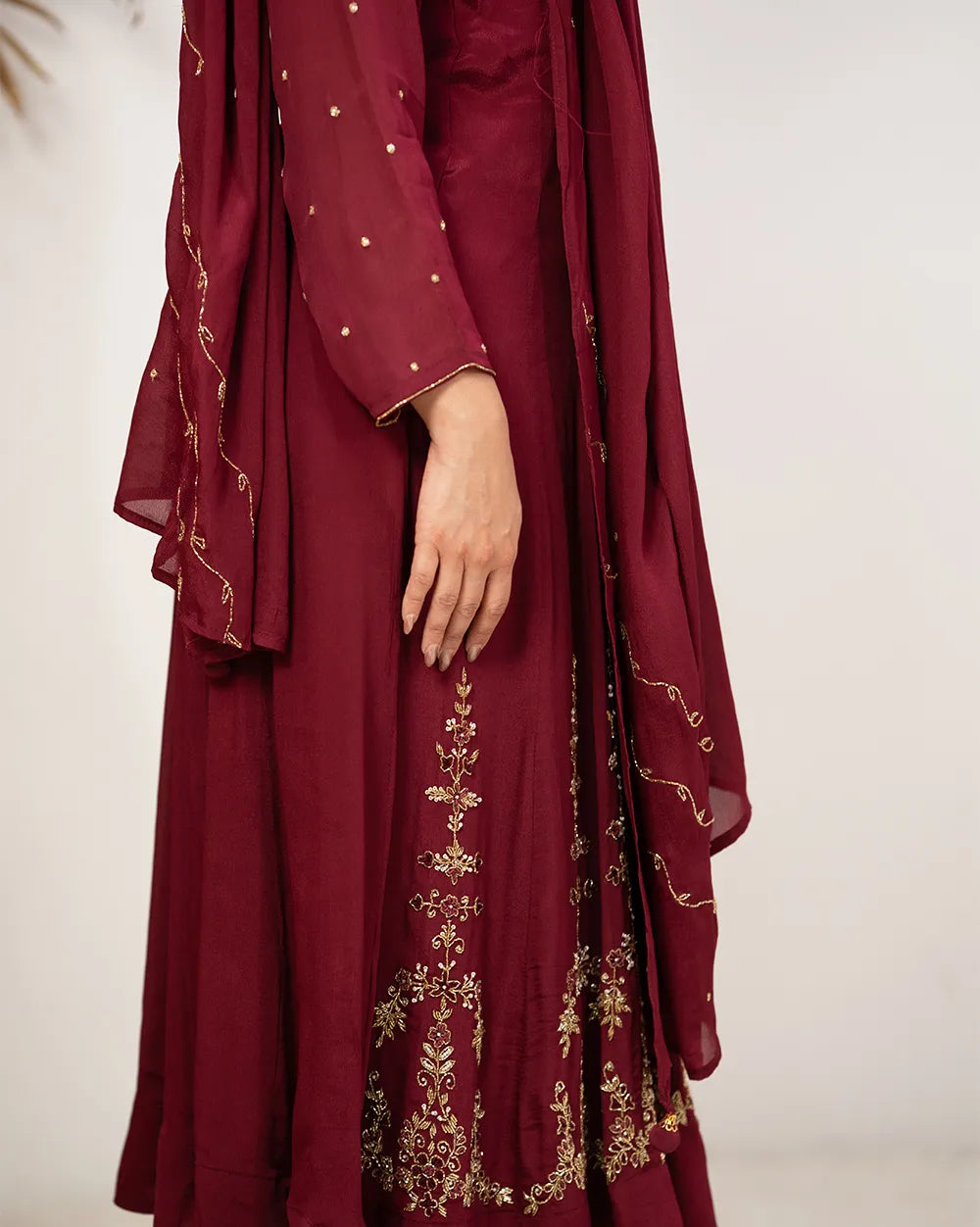 Handworked V-neck chinon anarkali- wine shade