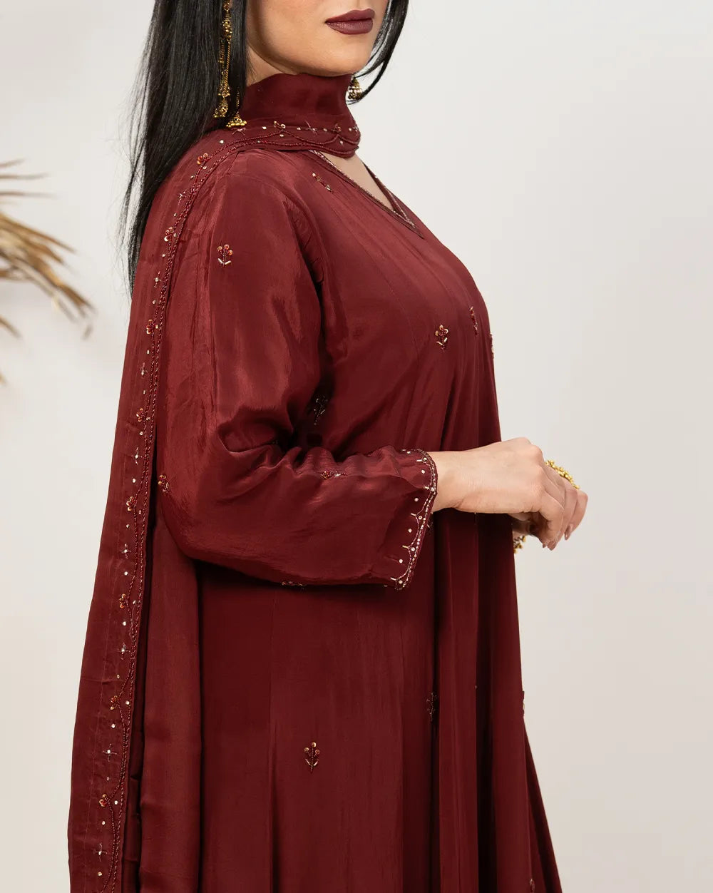Heavy handworked panel cut anarkali- maroon