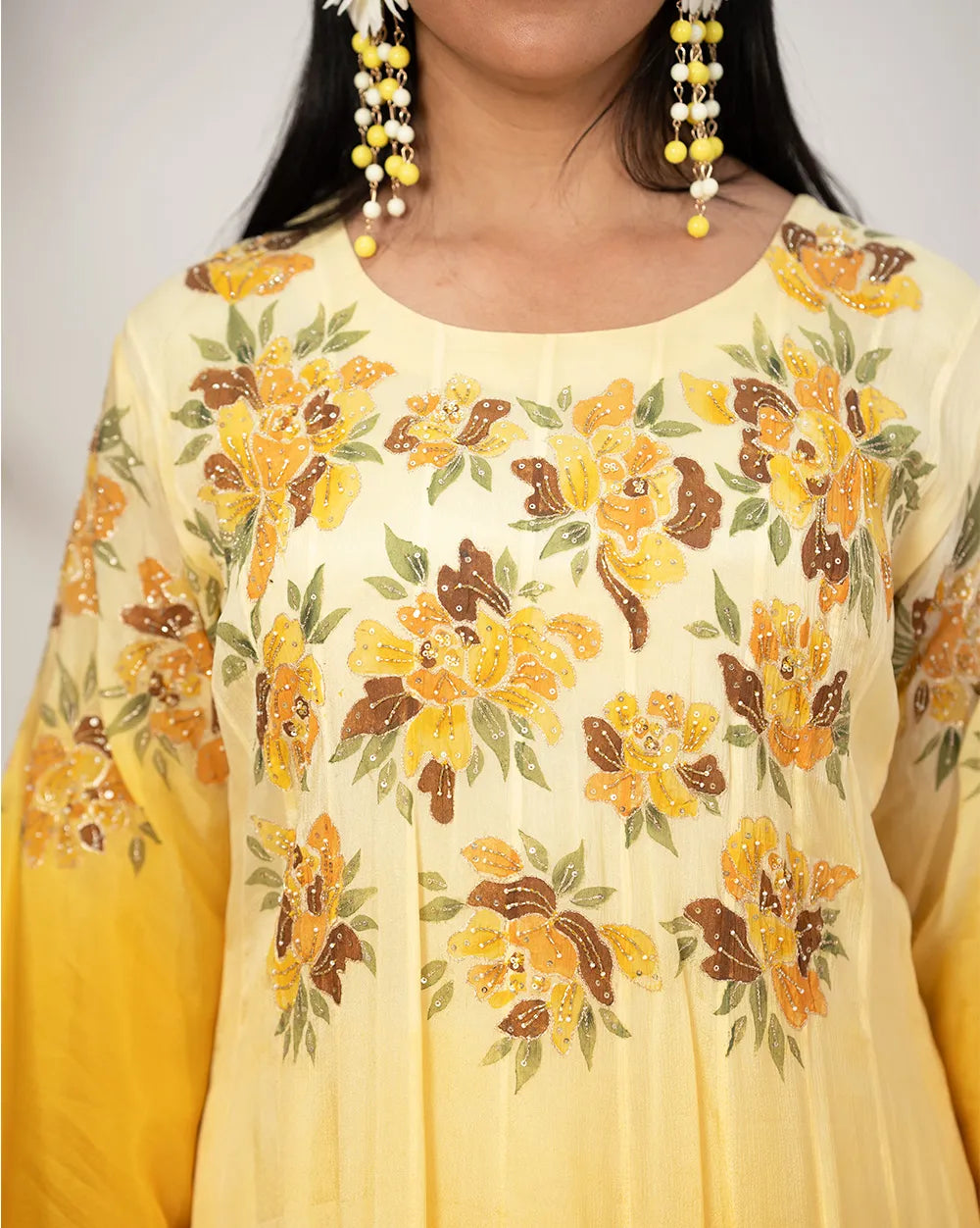 Ombre shaded handworked panel cut anarkali- yelow