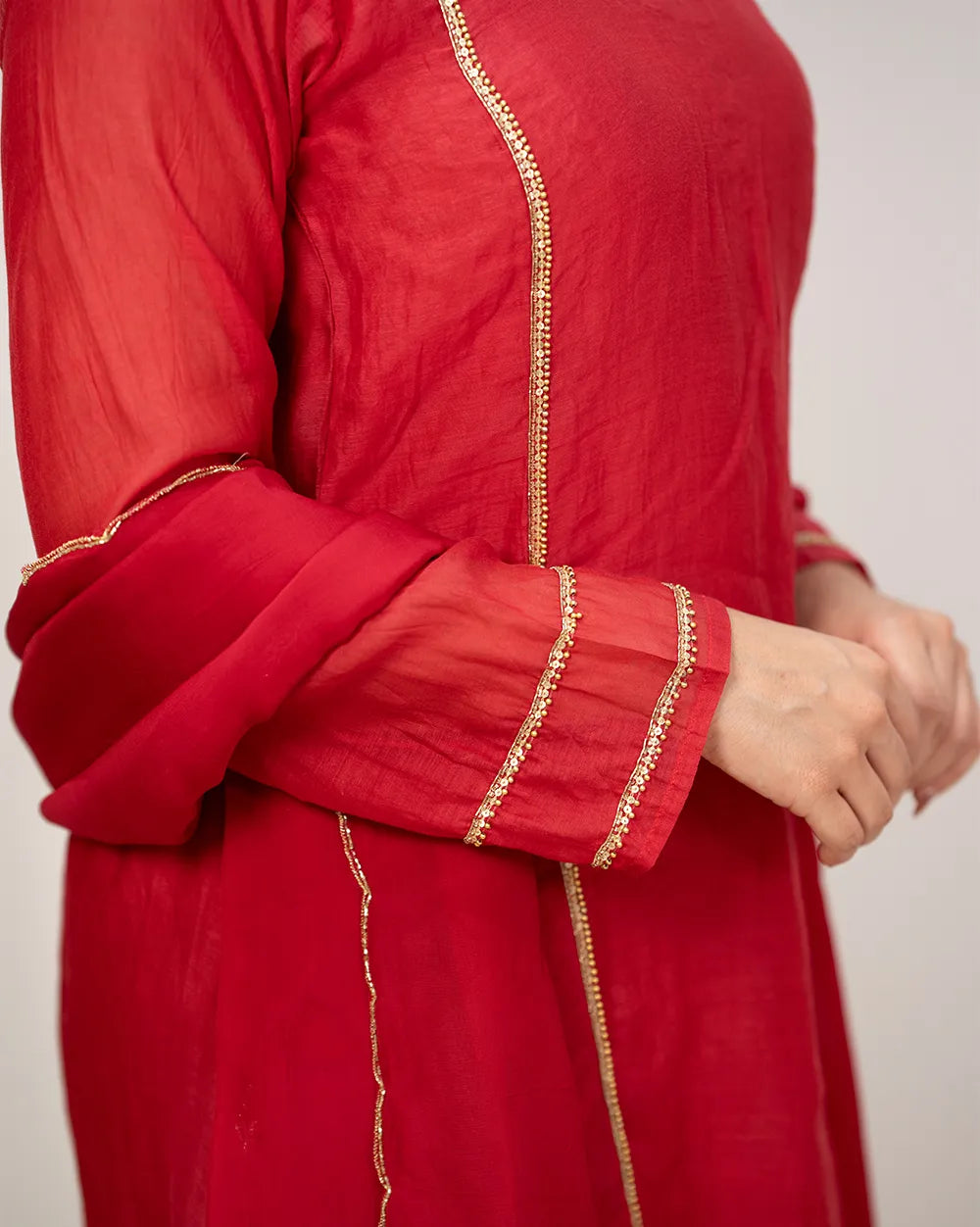 Handworked mul chanderi A-line suit- pink red