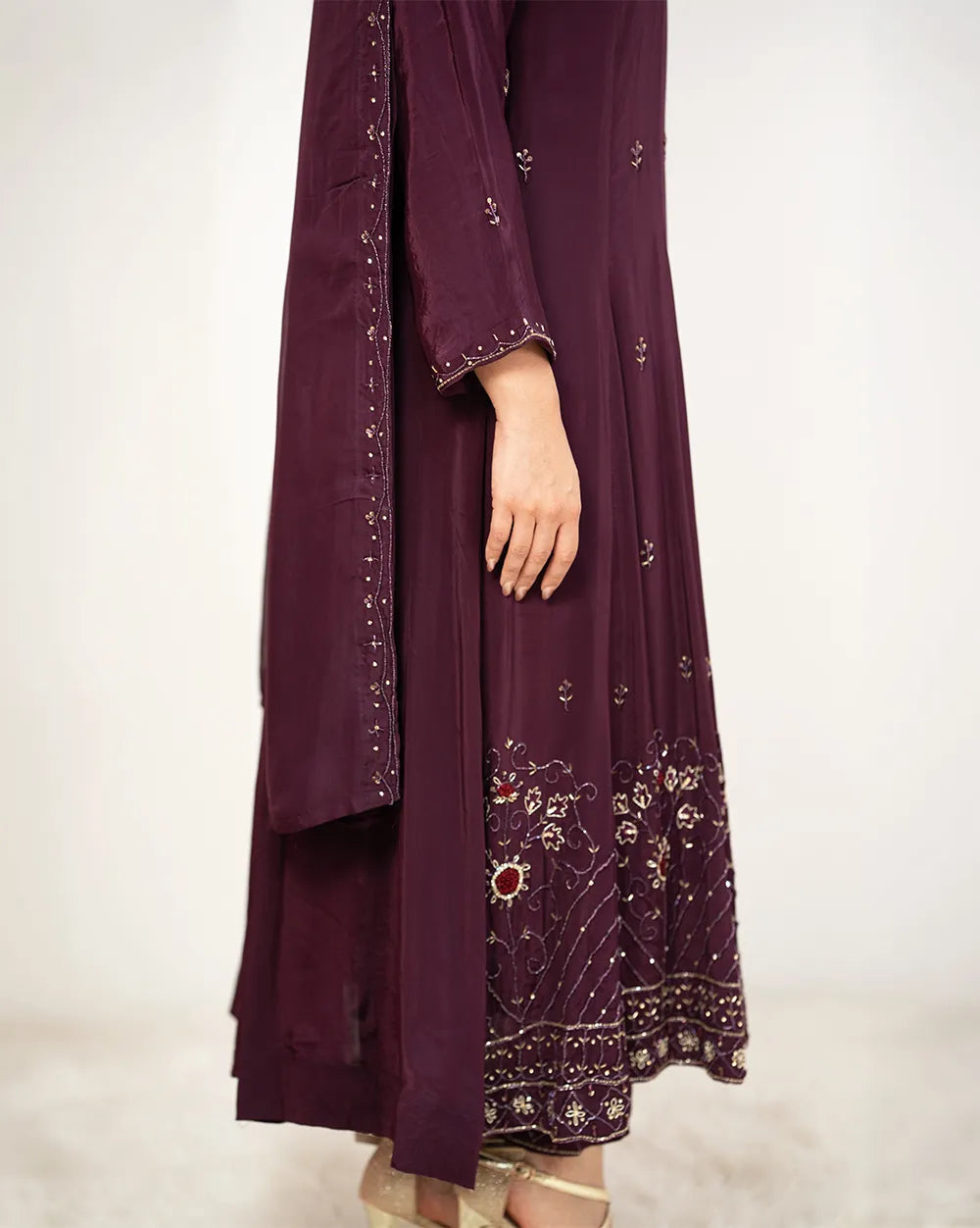 Heavy handworked panel cut anarkali- wine purple
