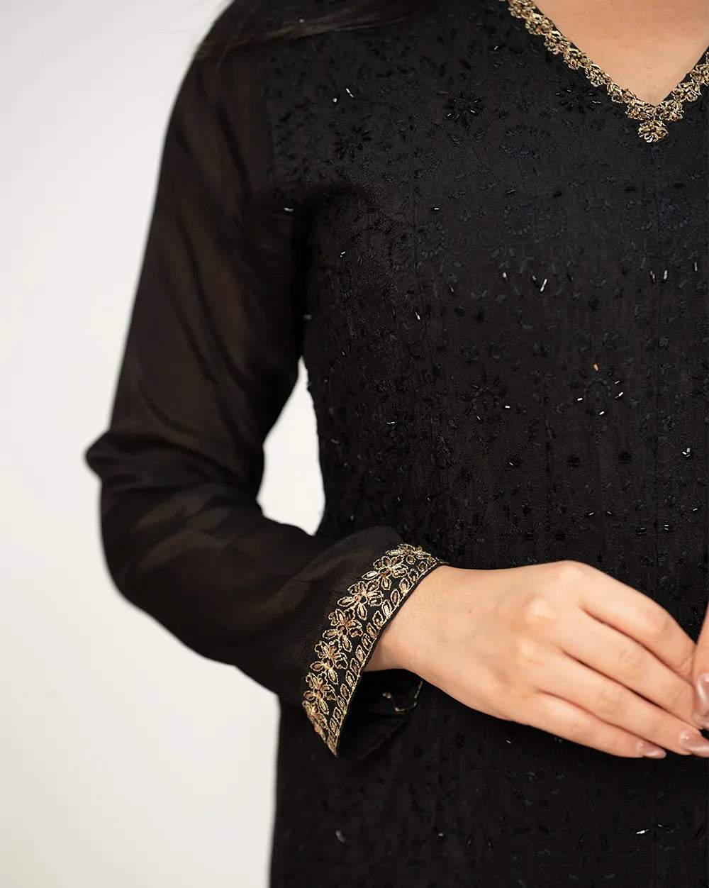 Handworked panel cut 2pc gown-black