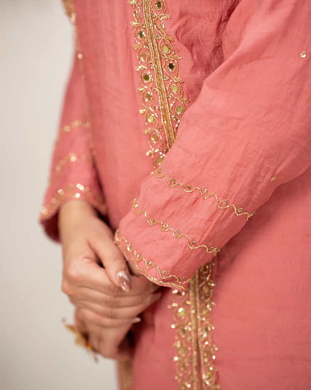 Handworked double slotted suit with mirrors- pink shade