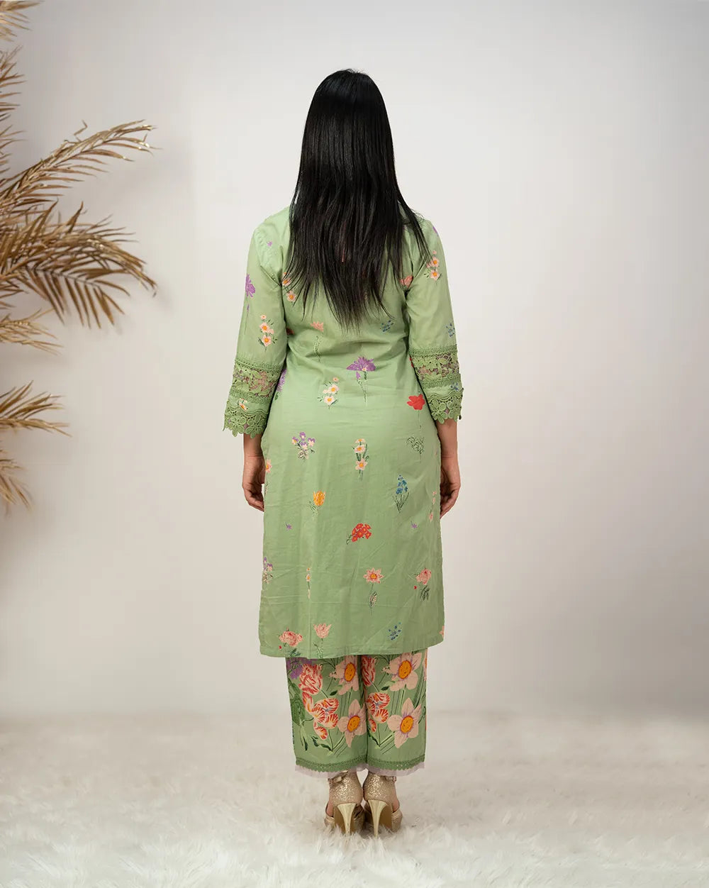 floral printed cotton salwar suit with lace work-green
