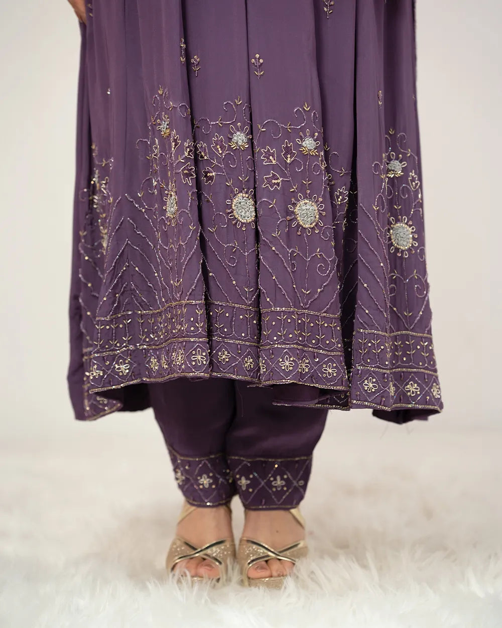 Heavy handworked panel cut anarkali- purple