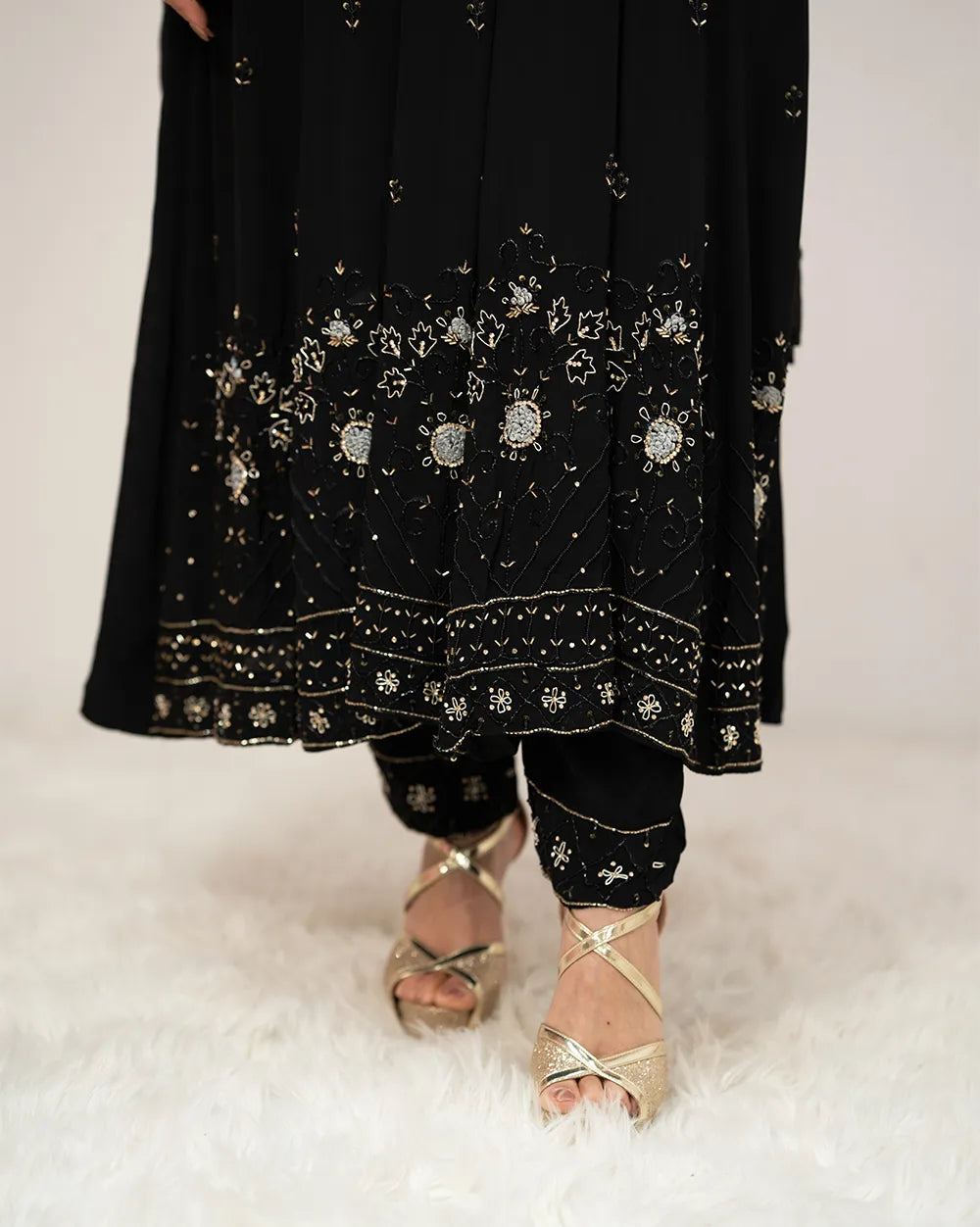 Heavy handworked panel cut anarkali- black