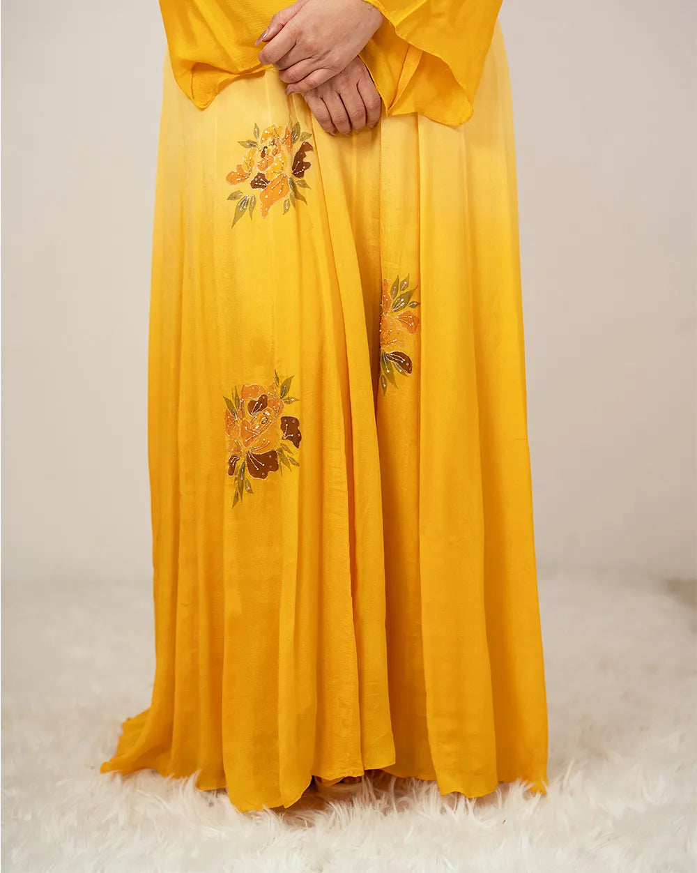 Ombre shaded handworked panel cut anarkali- yelow