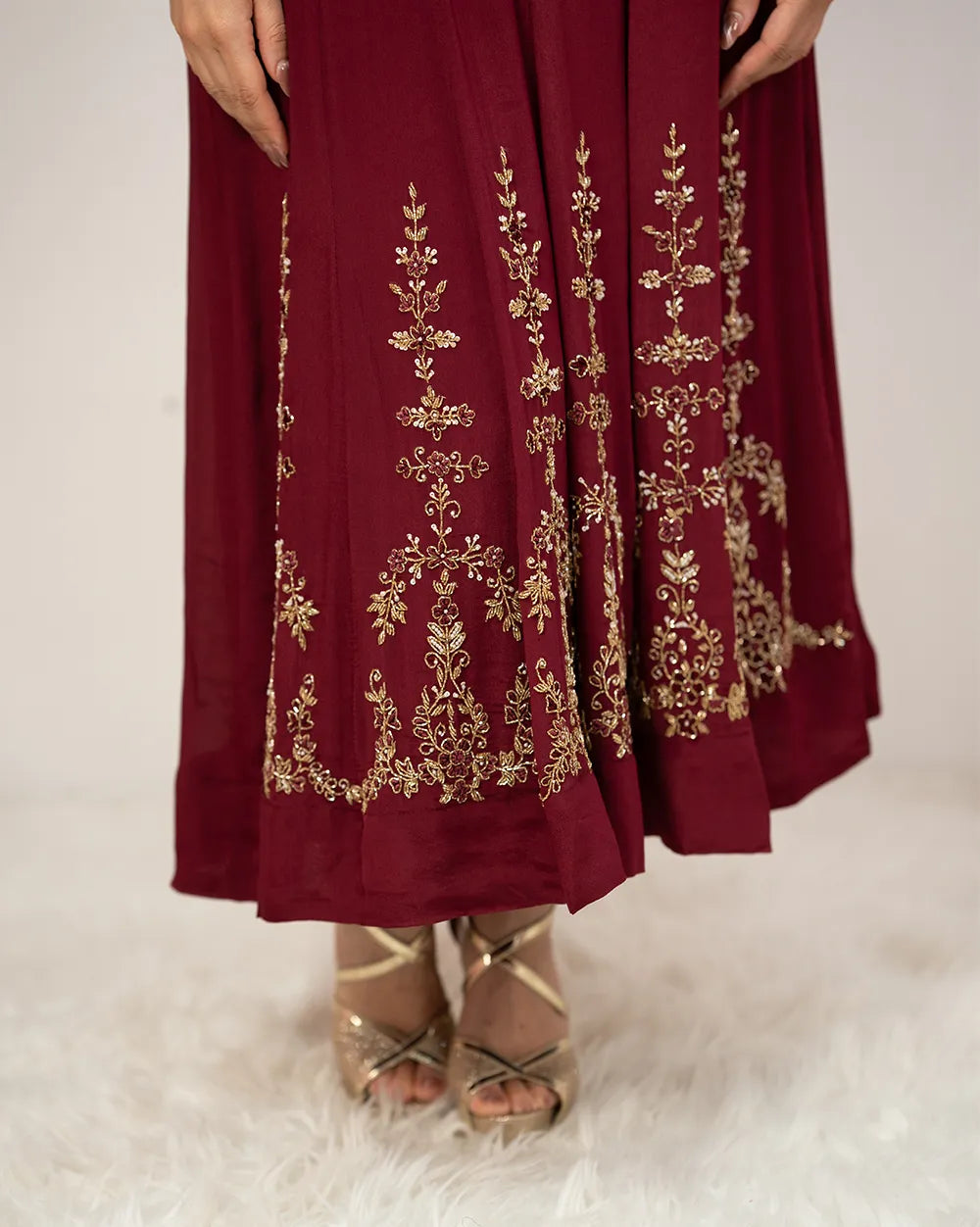 Handworked V-neck chinon anarkali- wine shade
