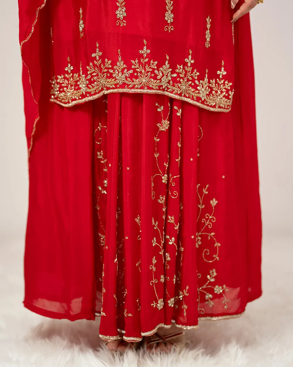 Heavy handworked skirt suit- red