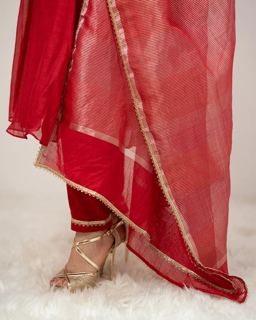 Handworked A-line panelled suit- red