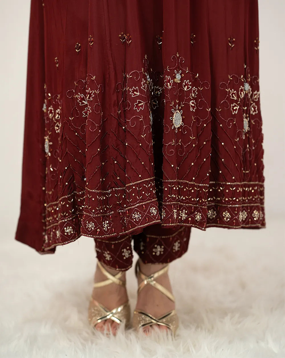 Heavy handworked panel cut anarkali- maroon