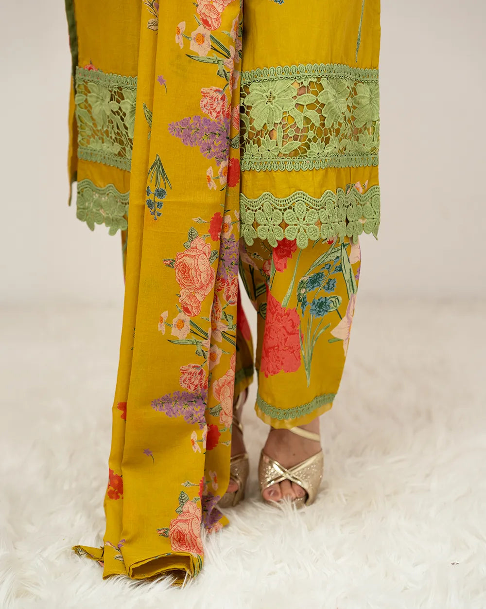 floral printed cotton salwar suit with lace work-yellow