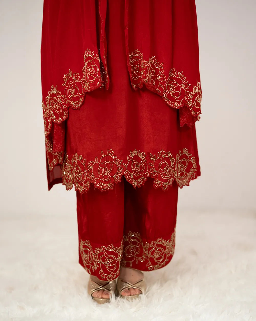 Handworked crepe silk palazzo suit- red