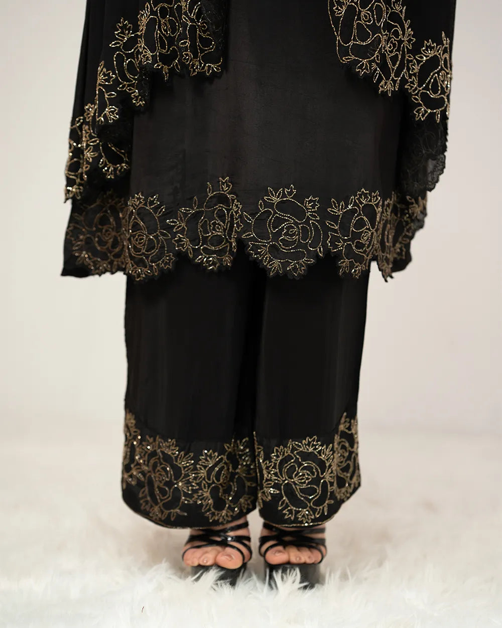 Handworked crepe silk palazzo suit- black
