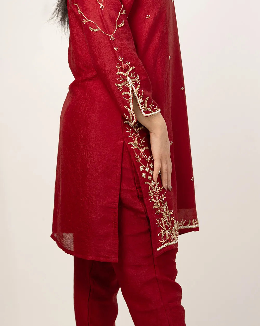 Heavy handworked crush tissue suit- maroon