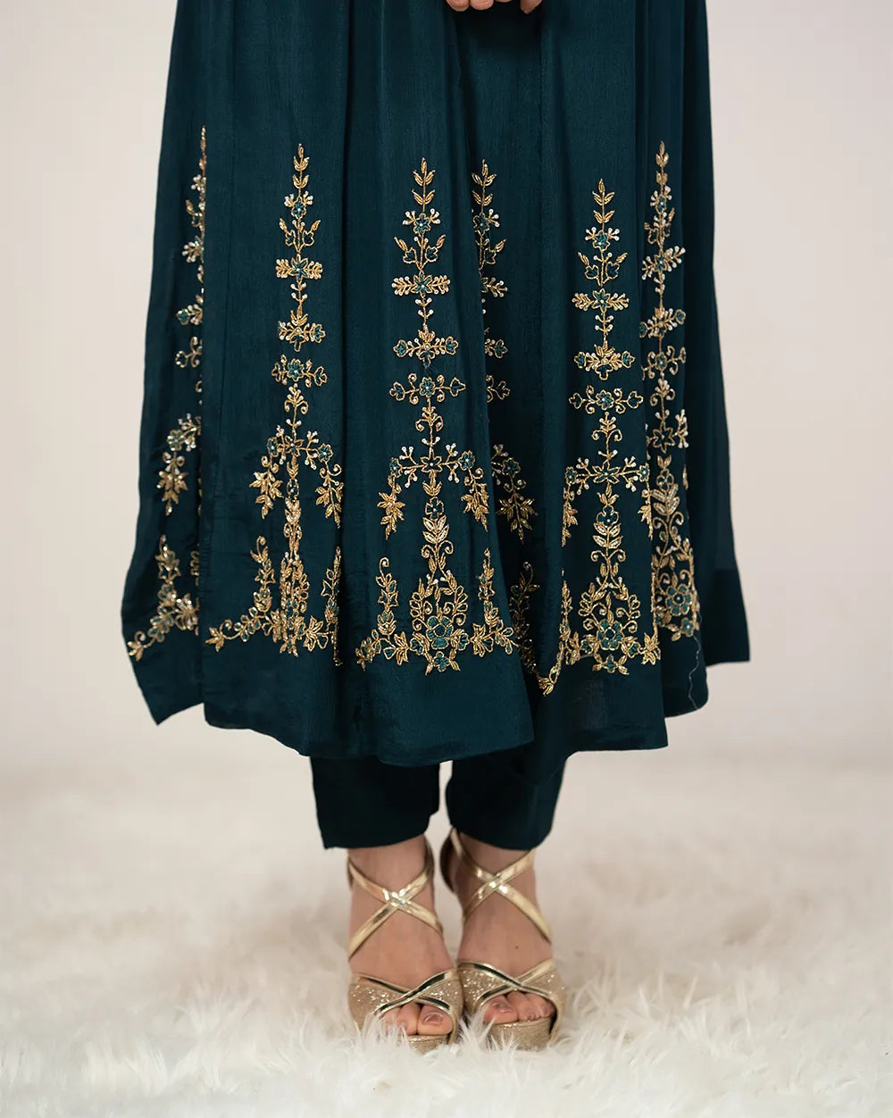 Handworked V-neck chinon anarkali- peacock blue