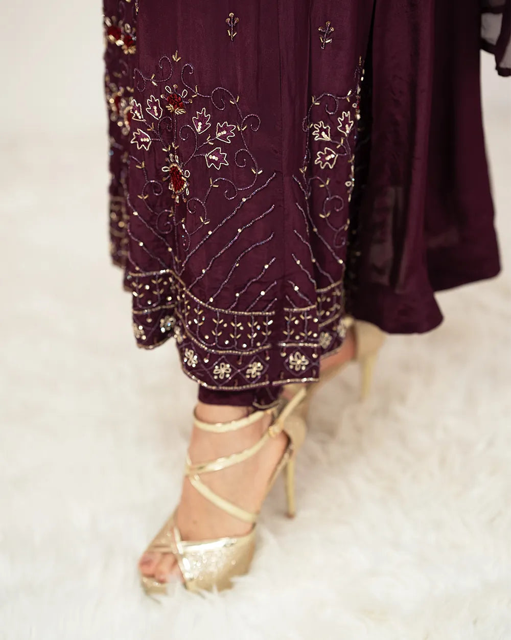 Heavy handworked panel cut anarkali- wine purple