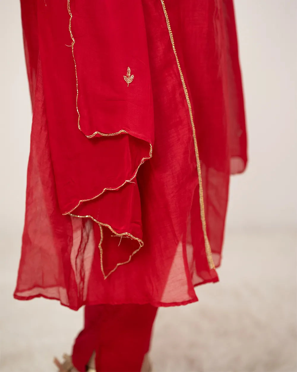 Handworked mul chanderi A-line suit- pink red