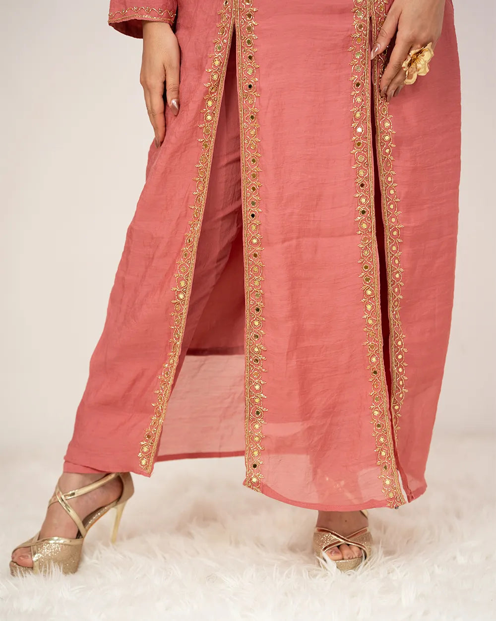 Handworked double slotted suit with mirrors- pink shade